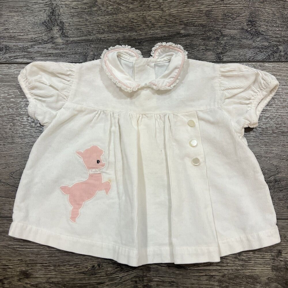 Vintage 50s Baby Girl Lamb Applique Blouse White Pink Peter Pan Collar 12-18M